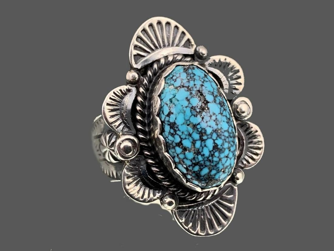 Navajo Sterling Silver And Spiderweb Turquoise Ring, (1 of 8)