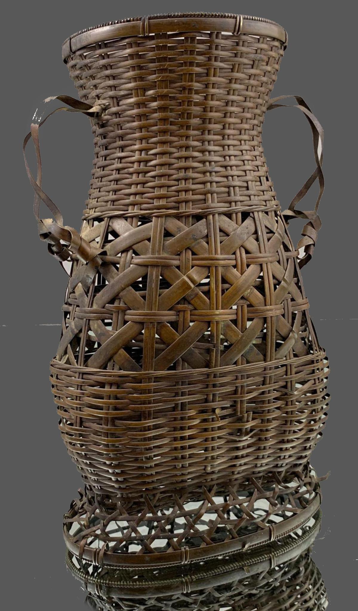 Japanese Woven Bronze Ikebana Basket, Meiji Period: Antique Japanese Metal Basket for Ikebana, vase form with handles. approximately 4.75 x 3.25 x 8.25 inches