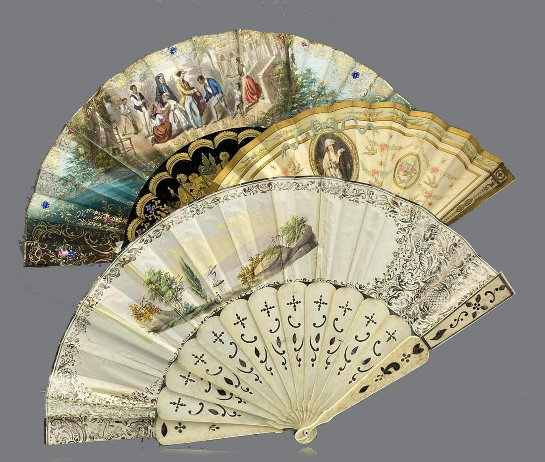 Lot of 3 Highly Detailed Antique and Vintage Fans: Lot of 3 Highly Detailed Antique and Vintage Fans. Black wood, gold gilt and hand painted Lithograph fan 11.25 x 1.5in. Bone, Silver gilt and hand painted Lithograph fan 10.5 x 1.25in. Bamboo fan mark