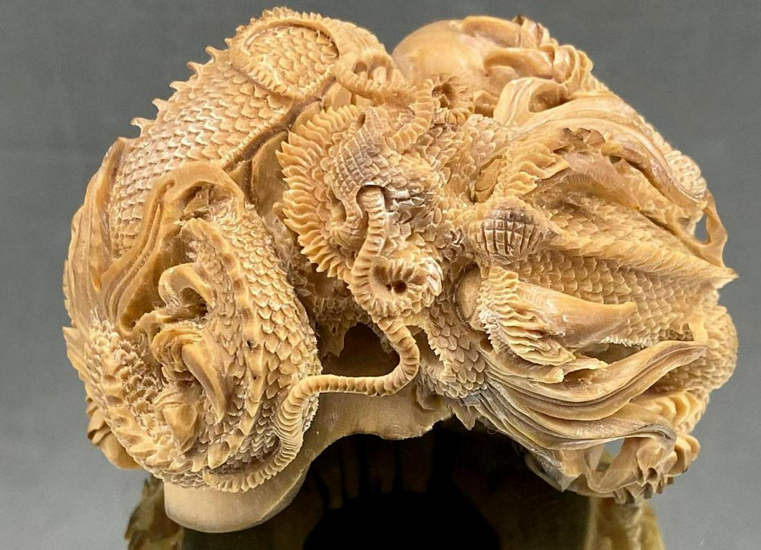 Highly Detailed Chinese Carved Antler Dragon Figure: Highly Detailed Chinese Carved Antler Dragon Figure, approximately 3 x 3 x 2 in.