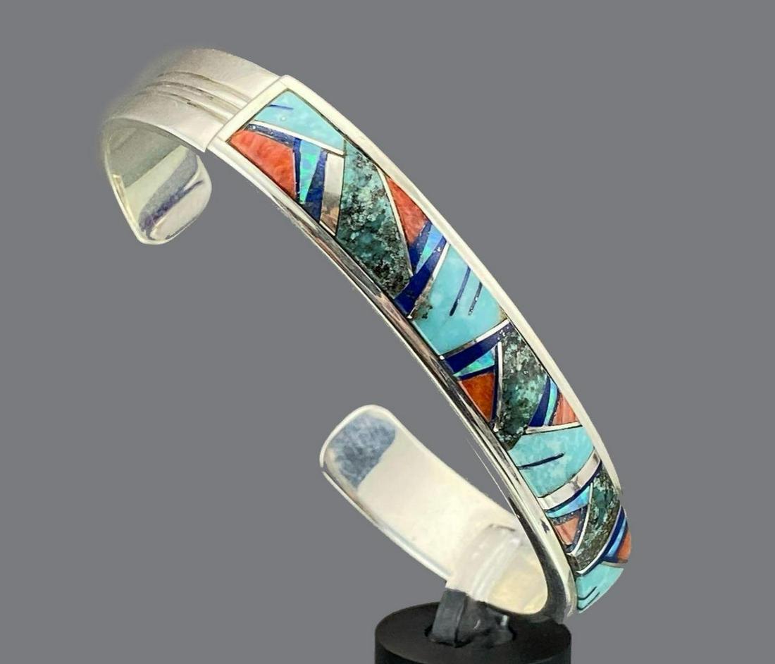 Navajo Sterling Silver Cuff with Inlaid Opal, Onyx, and (1 of 7)