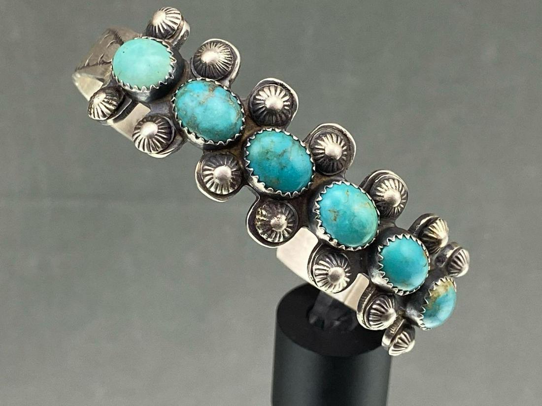Navajo Sterling Silver Cuff with 6 Bezel Set Turquoise (1 of 9)