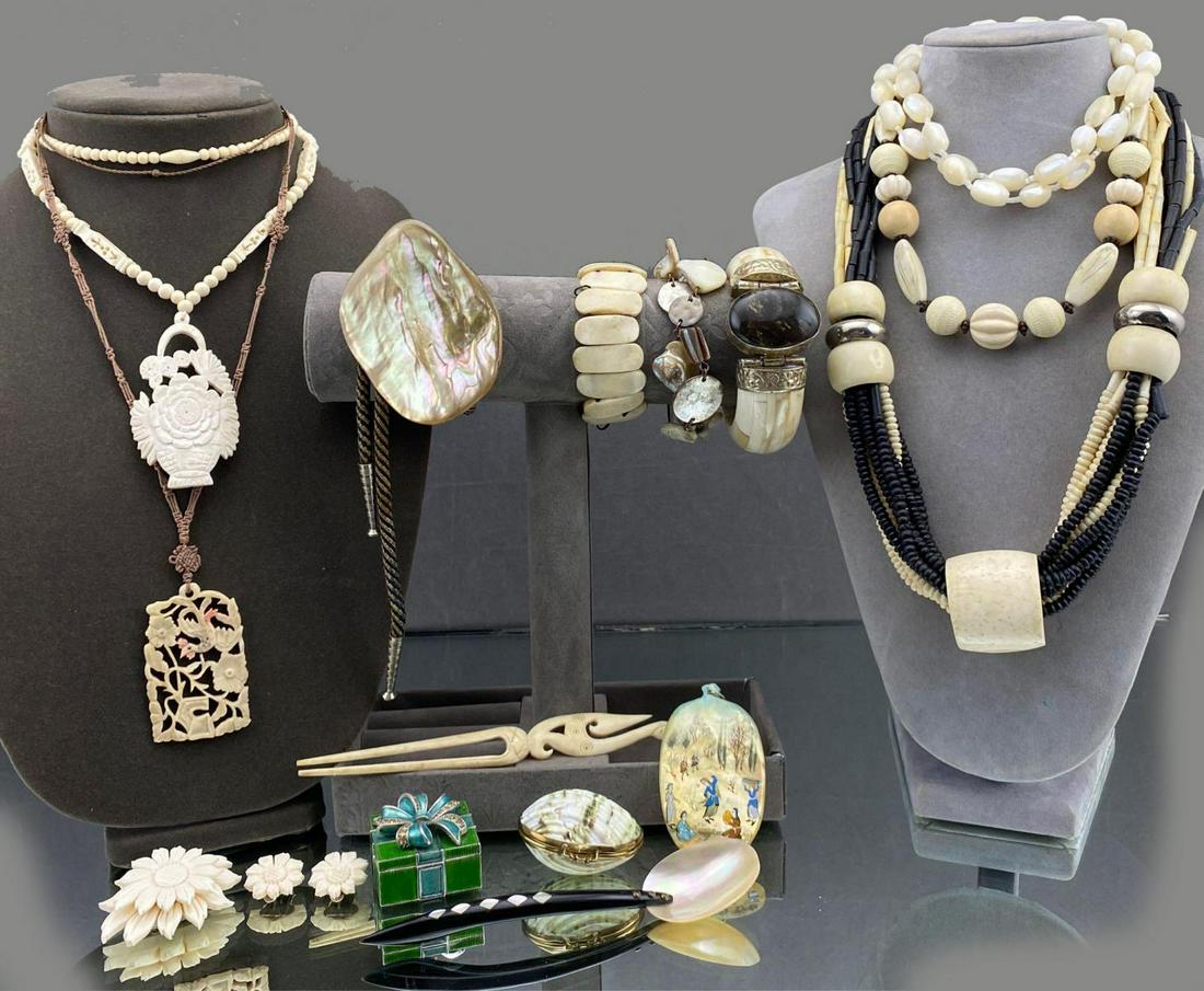 Large lot of Costume Jewelry: Large lot of Costume Jewelry, Bone And Mother Of Pearl Jewelry Lot With Trinket Boxes, to include 6 necklaces, 8-19.5 in. closed, 3 bracelets, 3-3.5 in. closed, 1 pair of earrings with matching pin ma