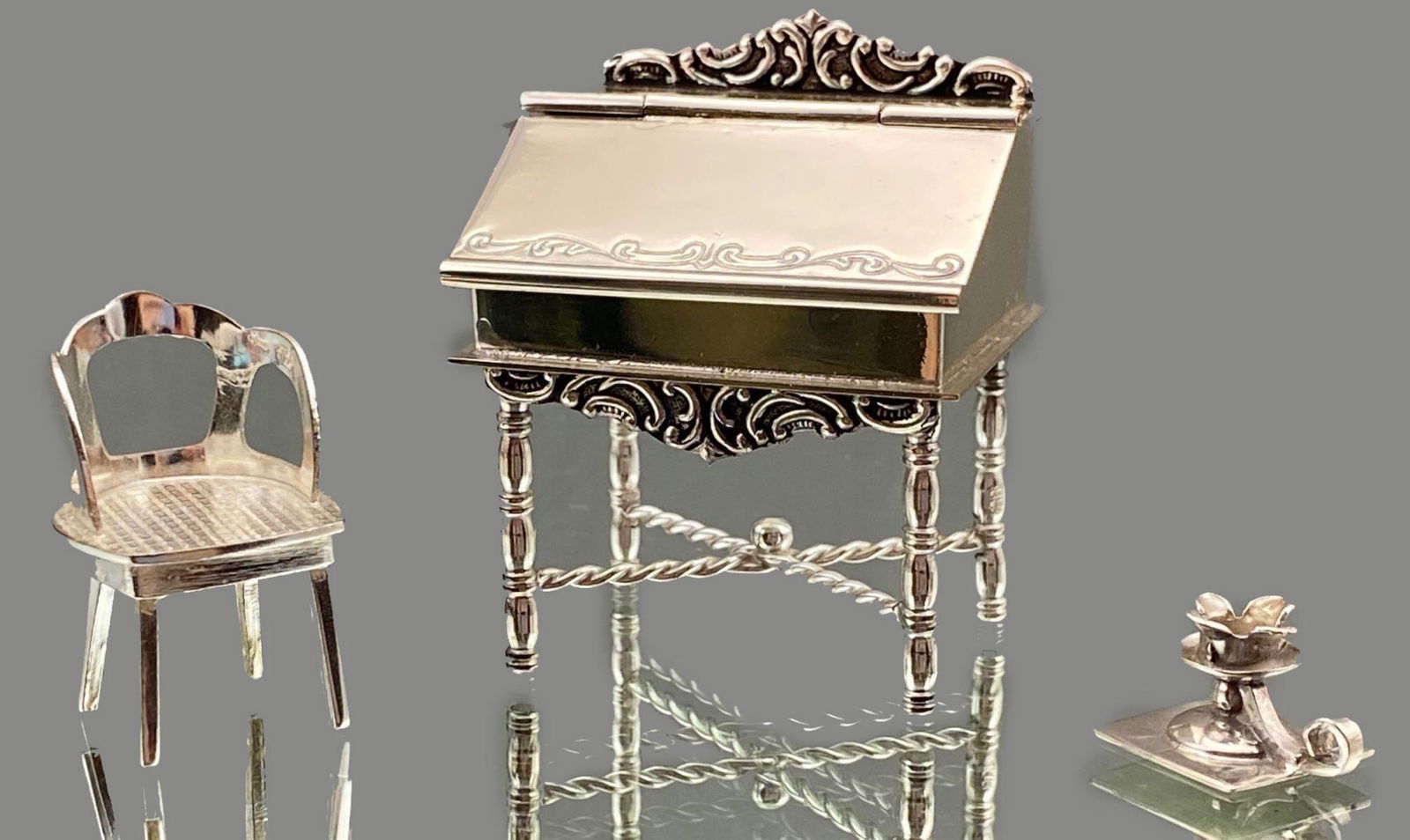 Hooijkaas Dutch Miniatures Silver .835 Desk, Chair, And (1 of 13)