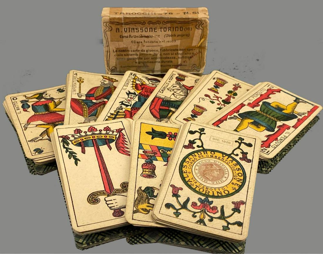 Complete Set Of 78 Piedmont Italian Tarot Cards, 1928: Complete Set Of 78 Piedmont Italian Tarot Cards, 1928 Tarocchi da 78 - N. 51, Alessandro Viassone Torino, letterpress and stencil colored, backs are overall geometric pattern of gothic windows in blac