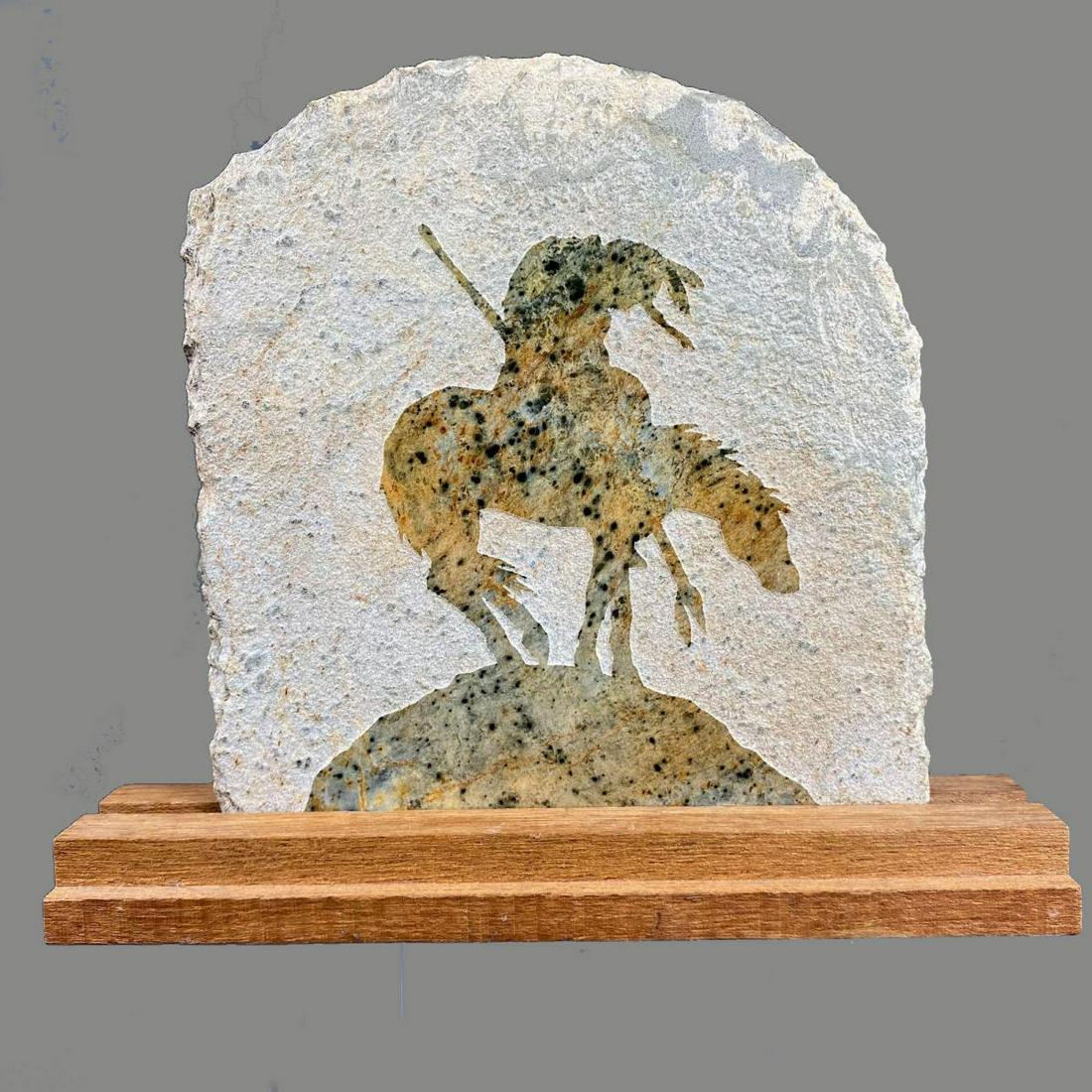 Stone, End Of The Trail: Stone, End Of The Trail set In Wooden Stand, marked Sierra Hills Stone, approximately 10.25 x 12 x 2.5 in.