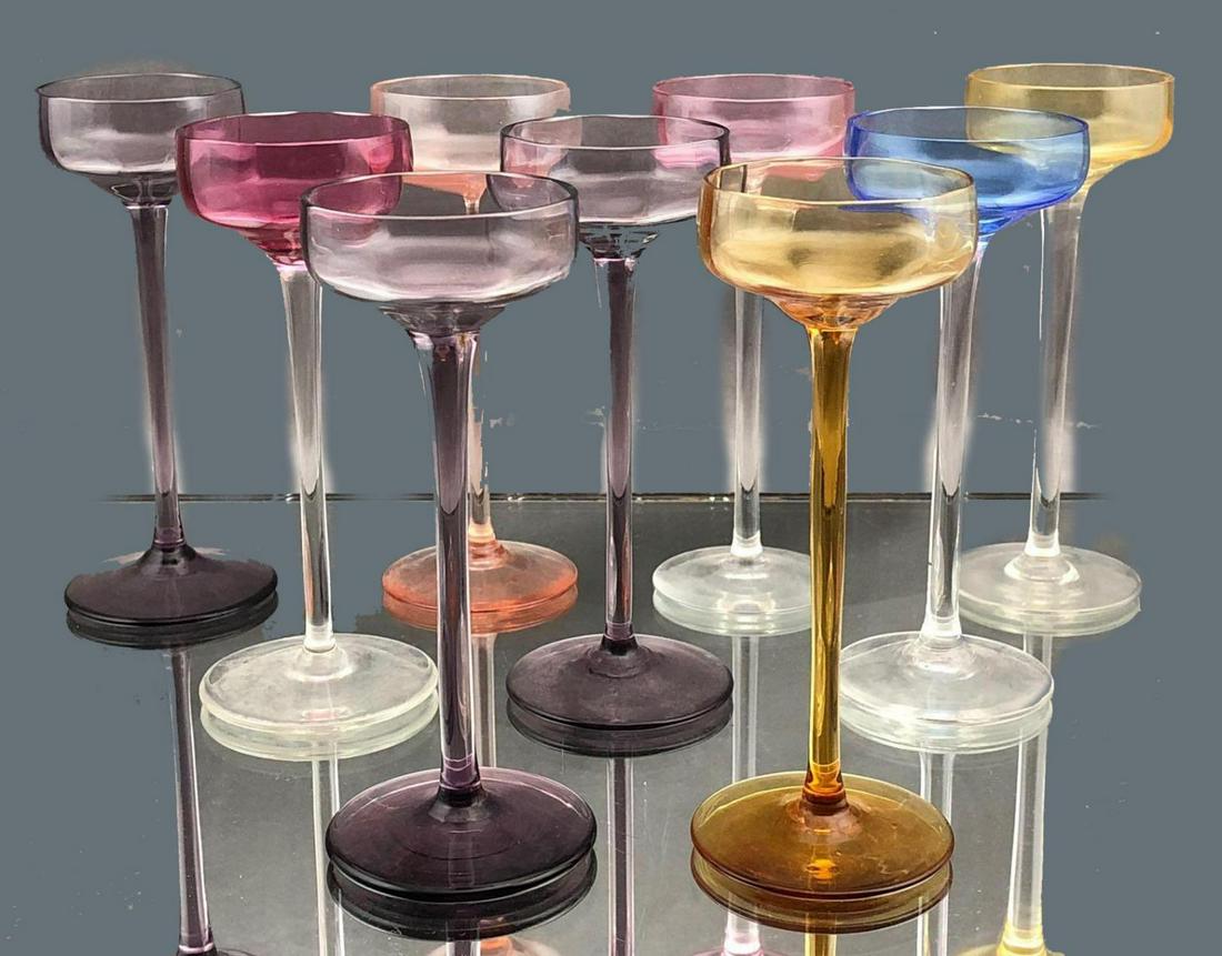 9 piece 1940's multicolored long stem liqueur glasses (1 of 13)