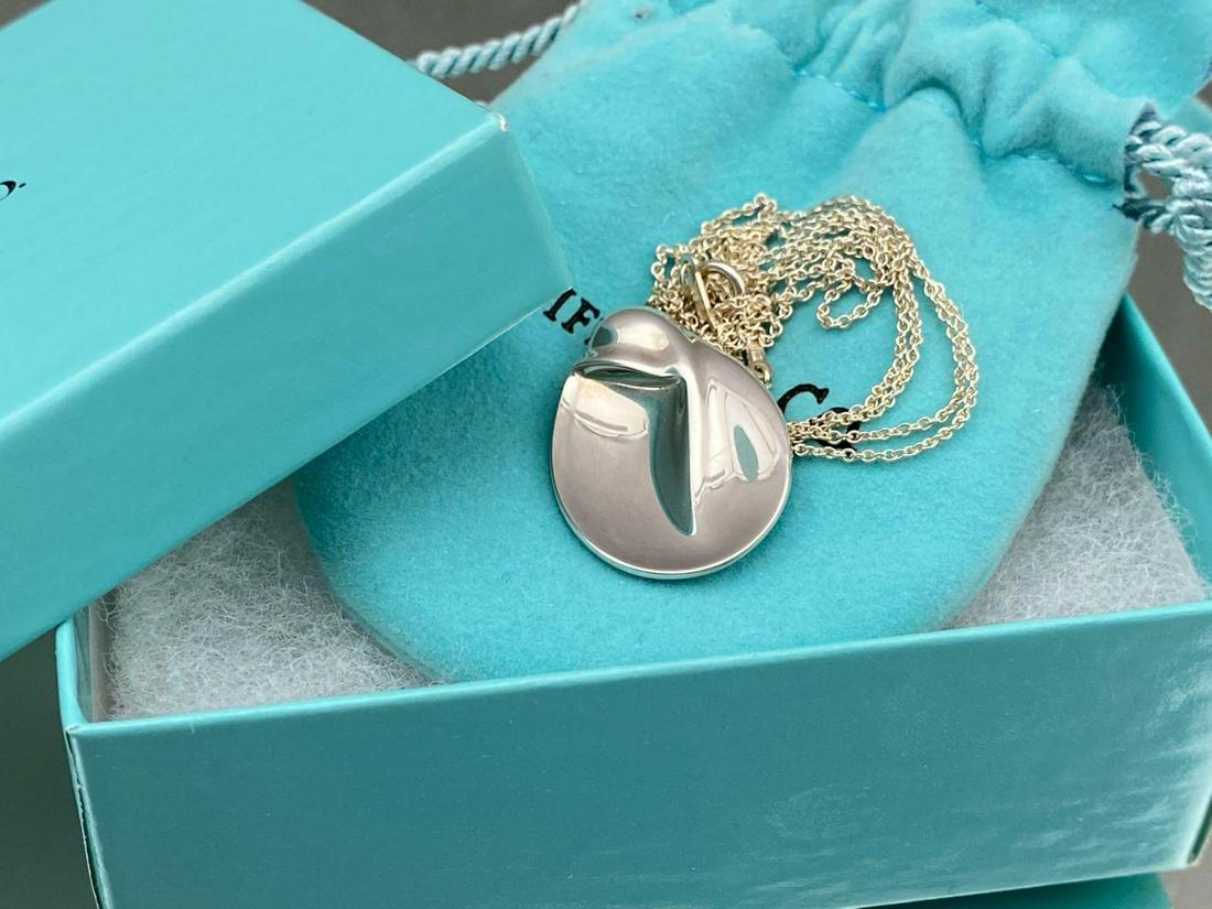 Modernist Italian Designer Elsa Peretti, Sterling: Sterling Silver Tiffany And Co. Modernist Necklace, 7.5g, marked Tiffany and Co. Itialian Designor Peretti 925 c Spain, with box and bag. 15 in. long closed, pendant .75 x 1 in.