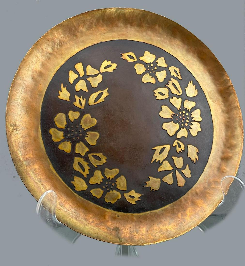 Arts and Crafts Period Hand Hammered Charger with: Arts and Crafts Period Hand Hammered Charger with Etched Floral Design, approximately 11.75 x 11.75 in.