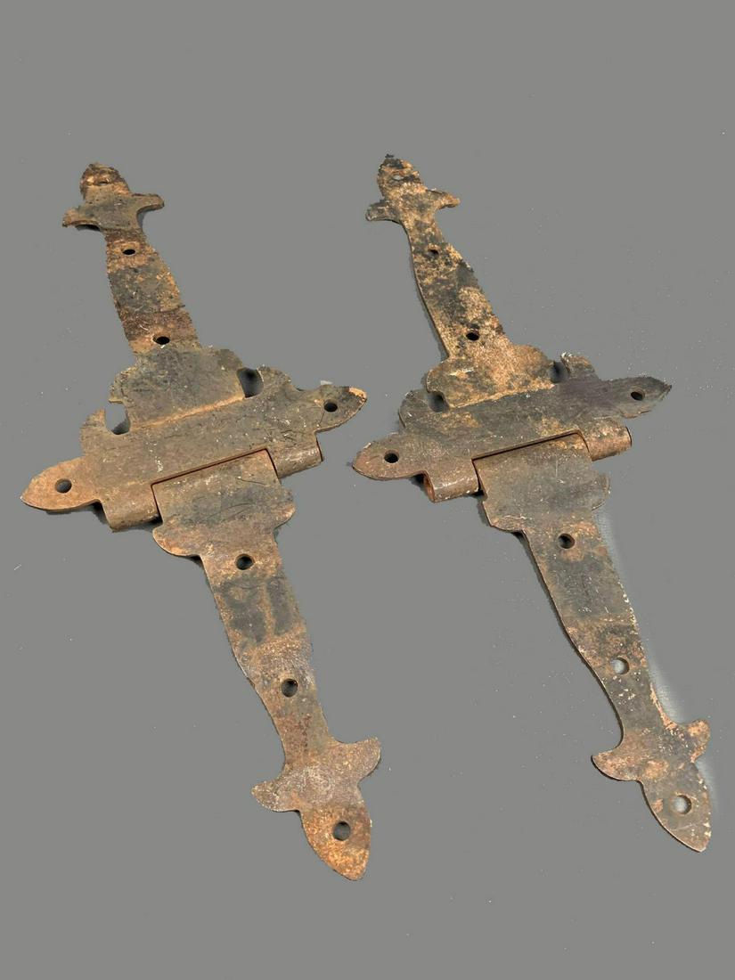 Pair of Antique Early Gothic Iron Hinges: Pair of Antique Early Gothic Iron Hinges. Approximately 10 x 7.5 x .75 in closed, 18 x 7.75 in open each.