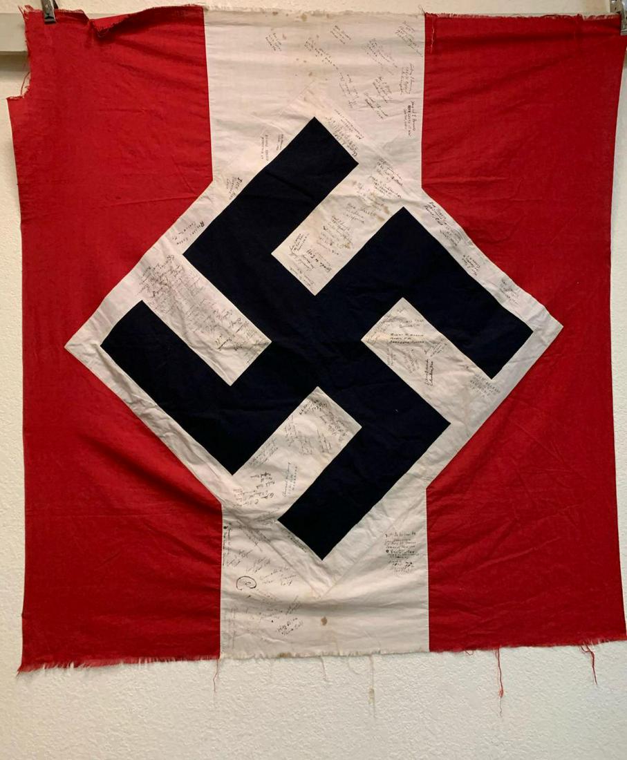 WWII Third Reich Captured Flag Signed By US Soldiers: WWII Third Reich Captured Flag Signed By the American US Army Group Liaison Detachment that captured it. Approximately 57 x 54 in. This flag is part of the collection from the same soldier in this auc