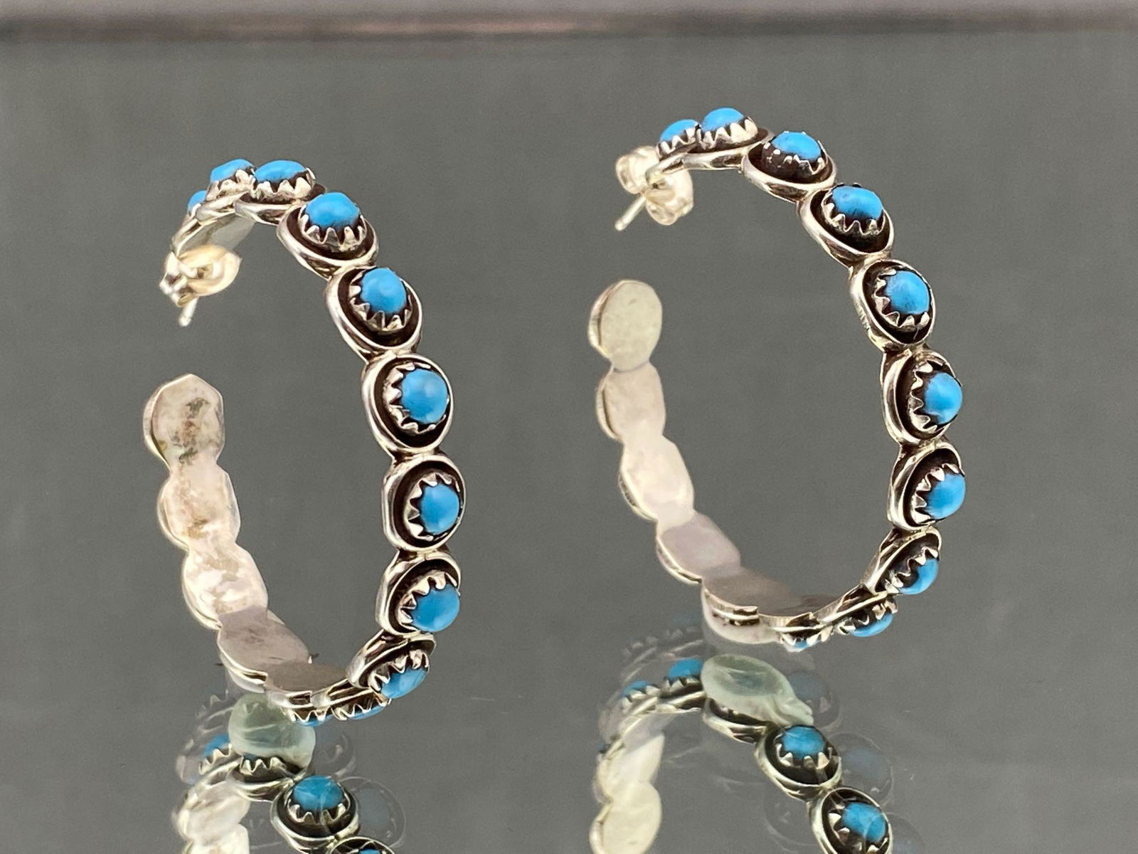 Navajo Sterling Silver Hoop Earrings with 15 Bezel Set (1 of 6)