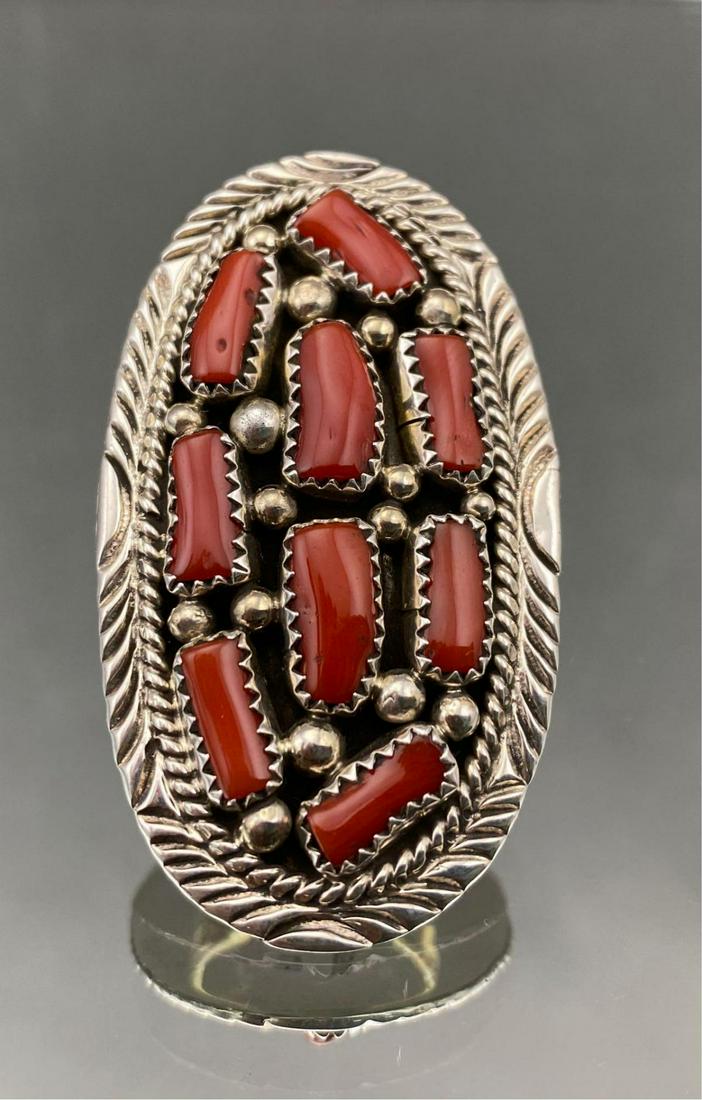 Navajo Sterling Silver Ring with 9 Bezel Set Corals and (1 of 4)