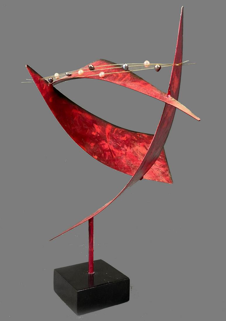 Modernist Artist Signed Red Metal Sculpture Accented (1 of 11)