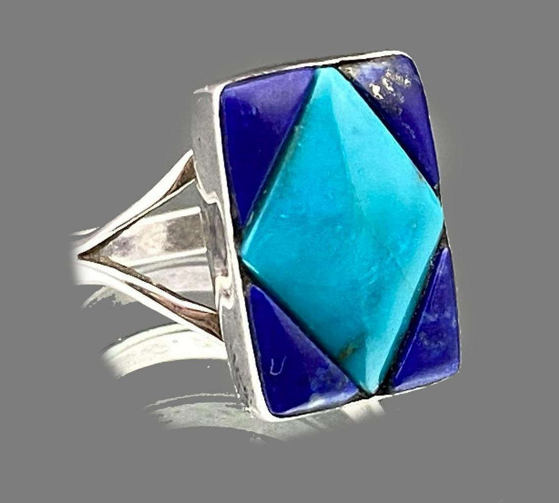 Ronnie Henry Navajo Sterling Silver Lapis and Turquoise: Ronnie Henry Navajo Sterling Silver Lapis and Turquoise Ring, 3.8 g, size 7. Approximately .6875 by.4375.