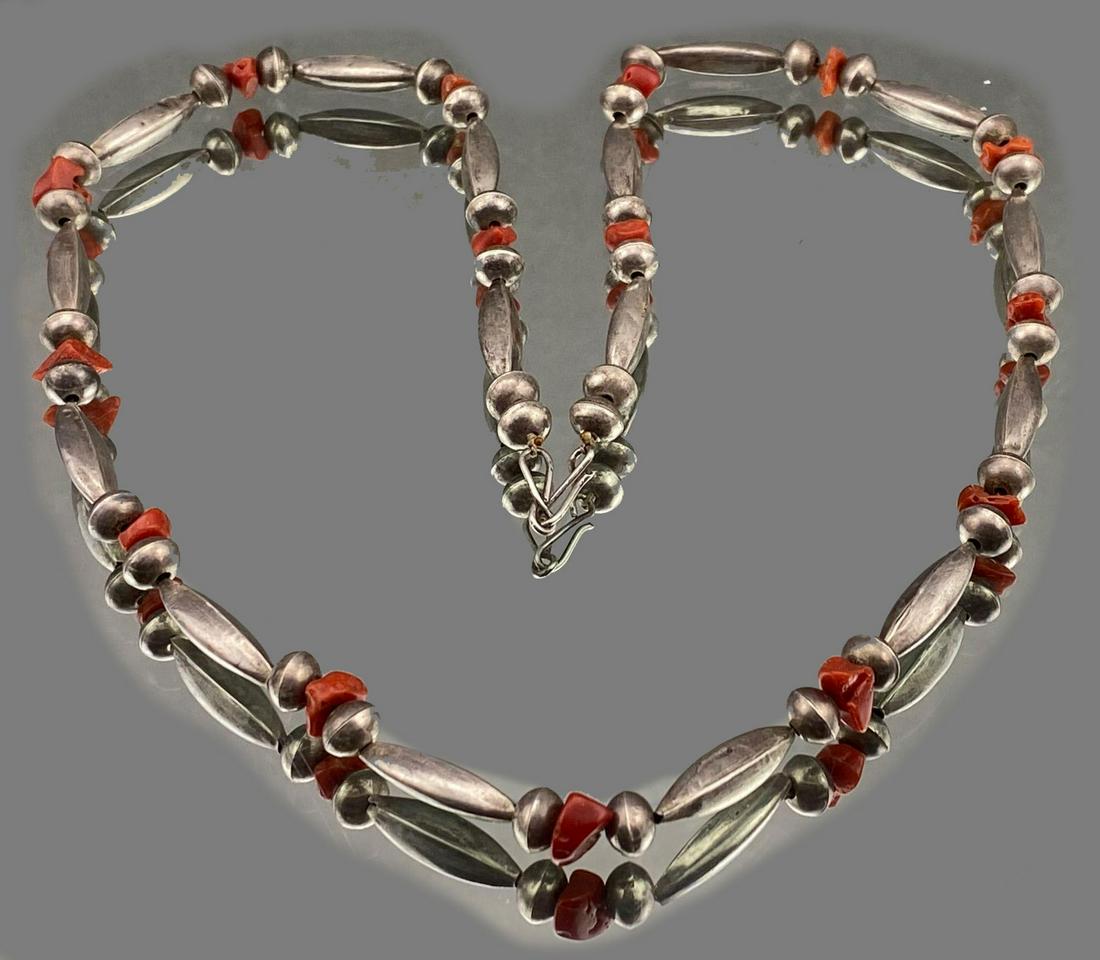Old Pawn Navajo Silver Bench Bead and Coral Necklace (1 of 5)