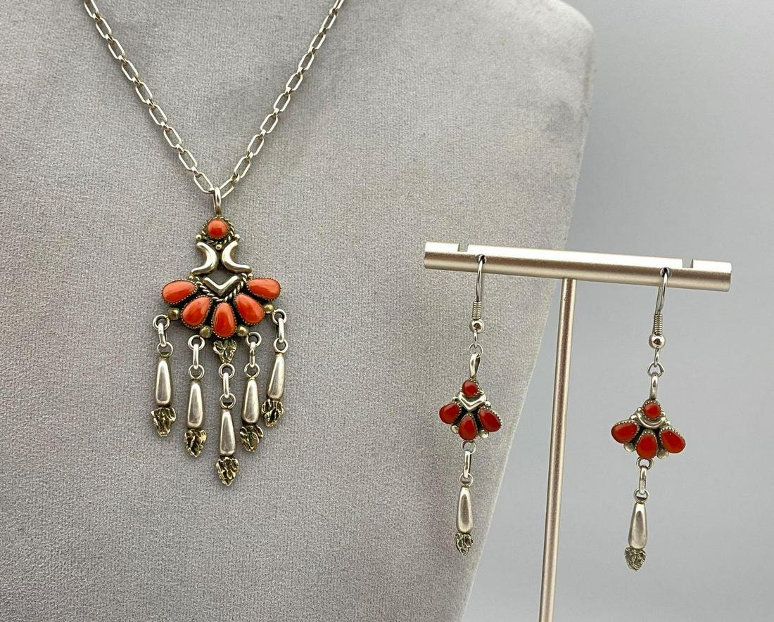 Older Zuni Silver and Coral Necklace And  Earrings (1 of 3)