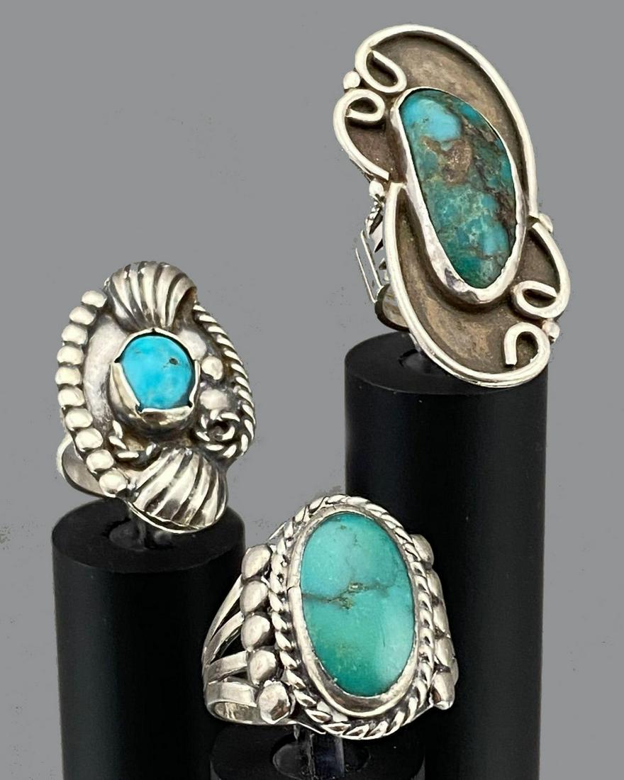 3 Old Pawn Native American Silver and Turquoise Rings. (1 of 16)