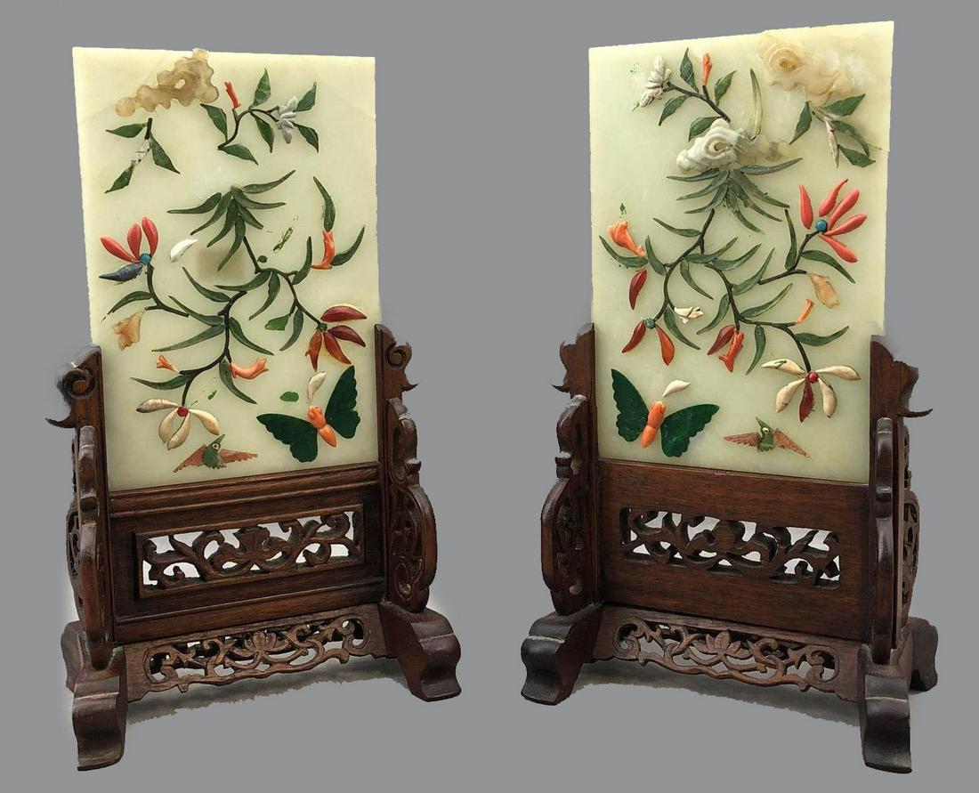 Pair of Chinese Hardstone Table Screens with Carved (1 of 15)