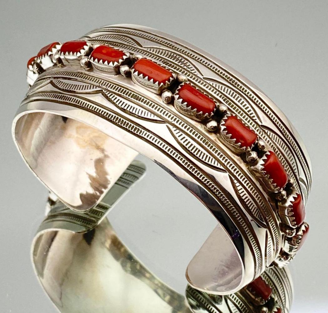 Navajo Sterling Silver Cuff With Bezel Set Coral by (1 of 5)