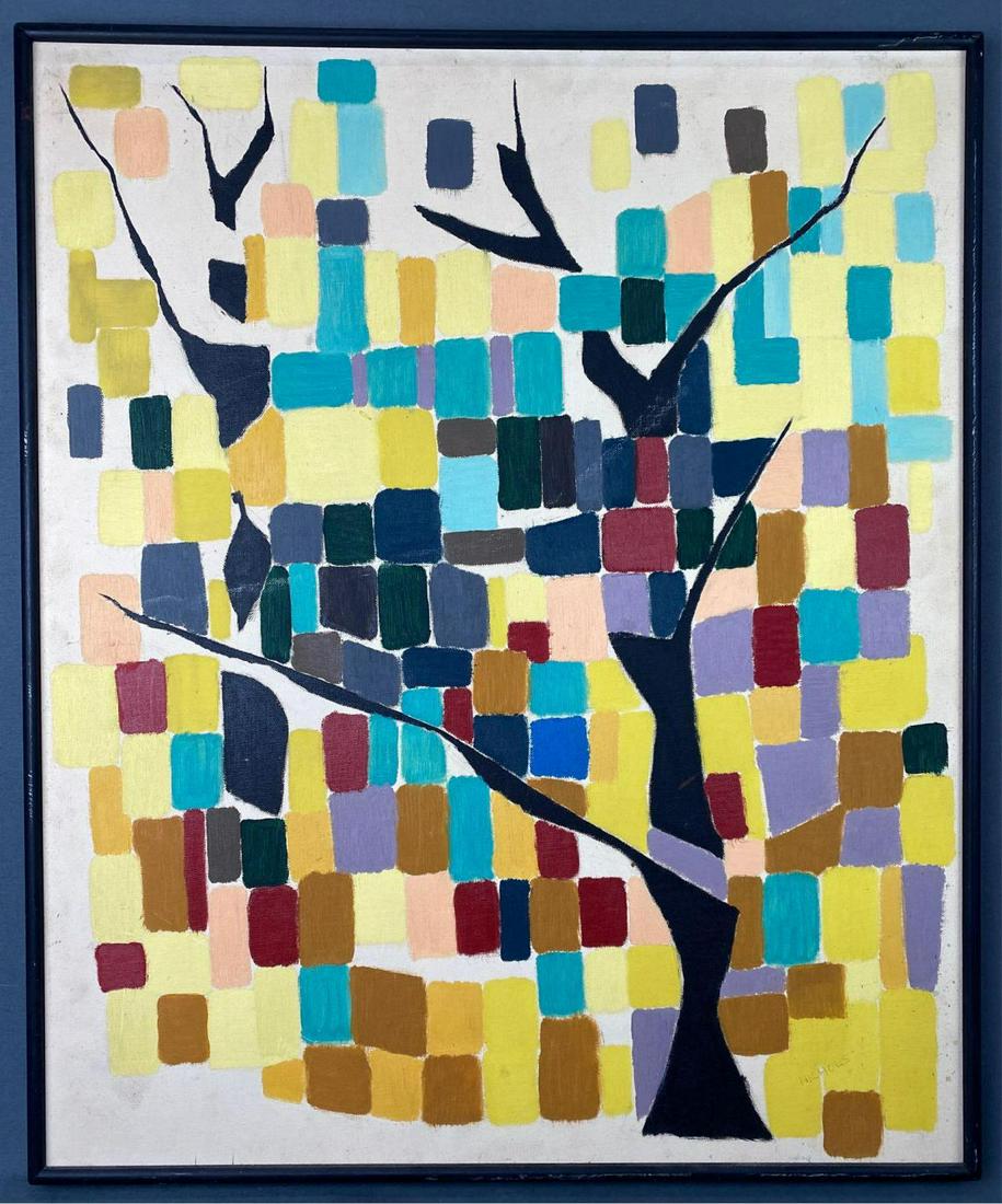 1959 Abstract Geometric Landscape Titled Trees at: 1959 Abstract Geometric Landscape Titled Trees at Sunset. Signed by Wesley Nichols, Oceanside, dated Feb 1959. Frame 24.75 in. x 20.5 in., Sight 23.75 in. x 19.5 in.