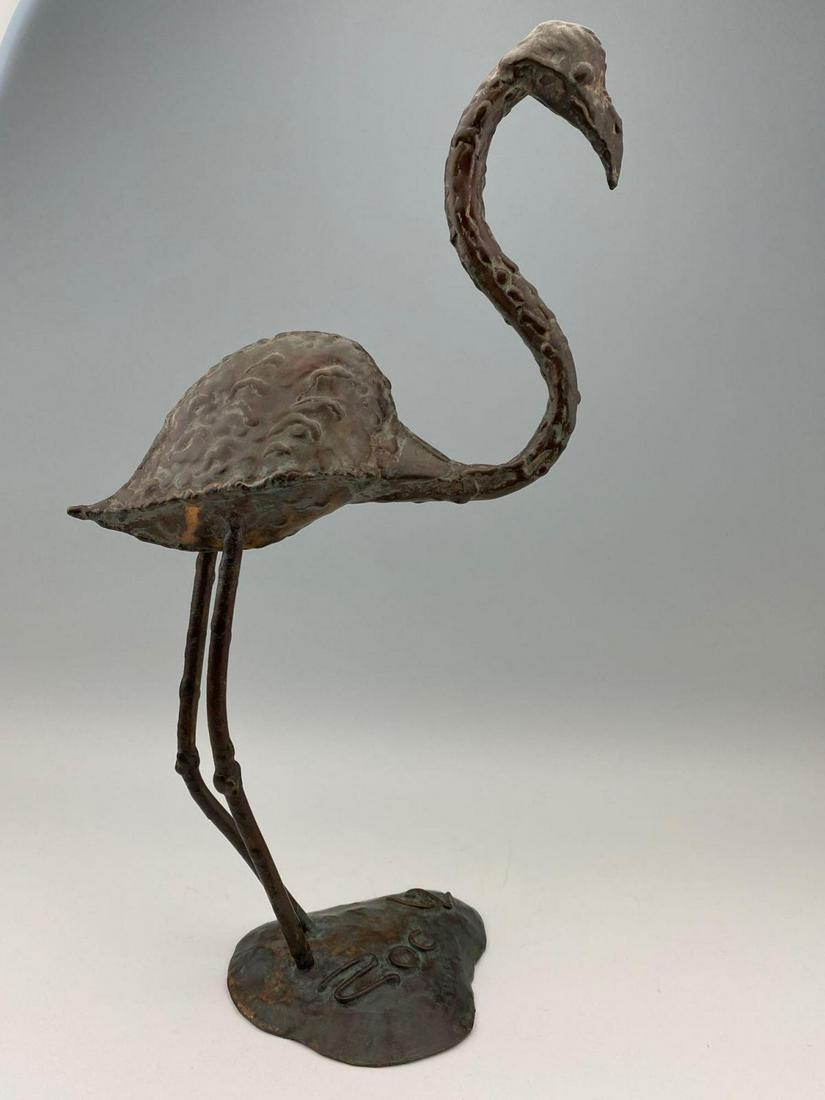 Mid Century Modern Copper Pink Flamingo by ZOC: Copper Pink Flamingo Mid Century Modern Sculpture by Robert Aubert, from Hawaii 20th Century. As exhibited at Magnus Museum of Berkley. Signed Zoc 62. Approximately 16.25 x 5 x 8.25 in.