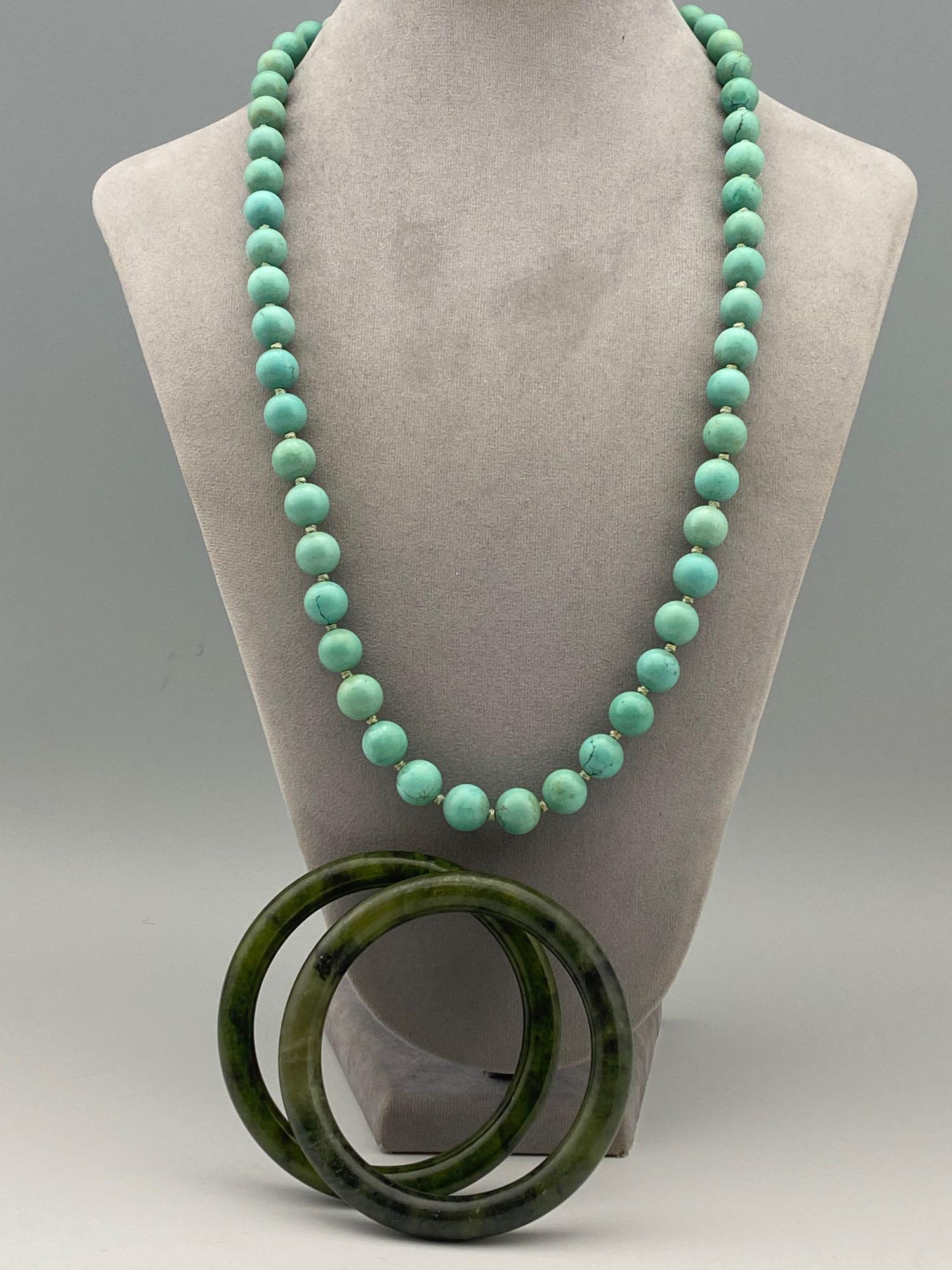 Chinese Spinach Jade Bangles and Turquoise Necklace (1 of 9)