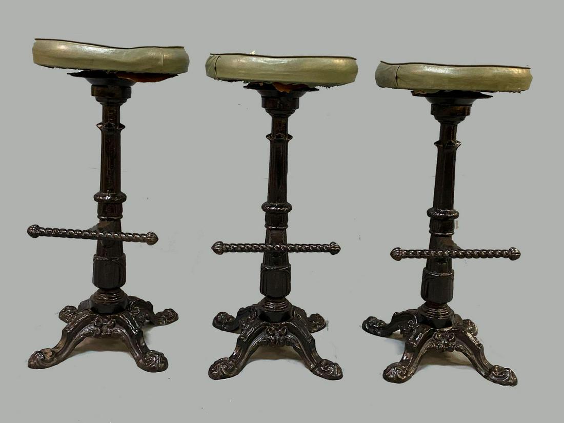 3 Vintage Cast Iron Bar Stools With Foot Rest
