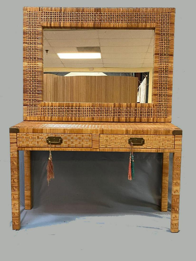 Modernist Woven Rattan Parsons Hall Table with Mirror, (1 of 13)