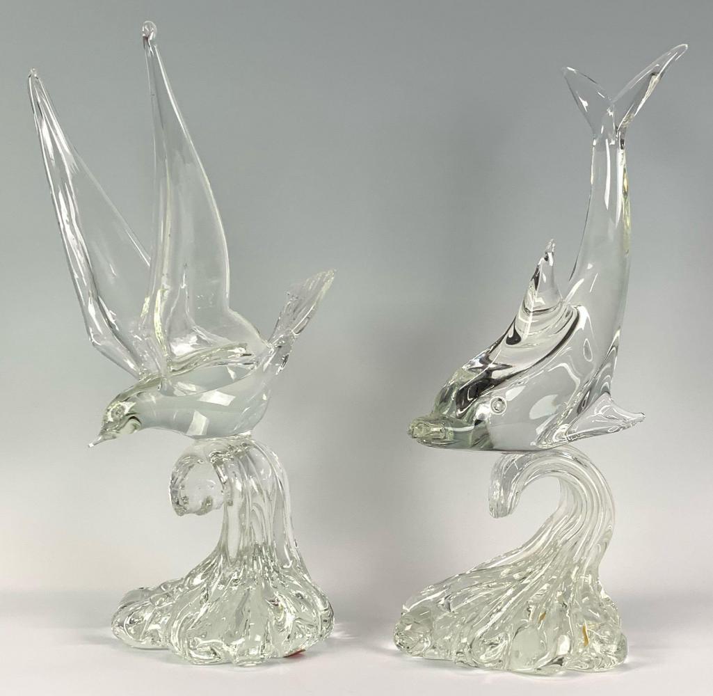 Pair of Murano Art Glass Bird And Dolphin: Pair of Murano Art Glass Bird And Dolphin. Approximately Dolphin 15.25 x 8.25 x 5 In., Bird is slightly smaller.