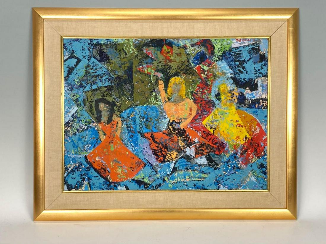 Women Dancing, Toby Heller, Oil on Board: Textured Abstract of Three Women Dancing in Oil Paint Signed by Toby Heller Dated 1961. Approximately 31 x 25 x 1 in. Site 23.5 x 17.5 in.
