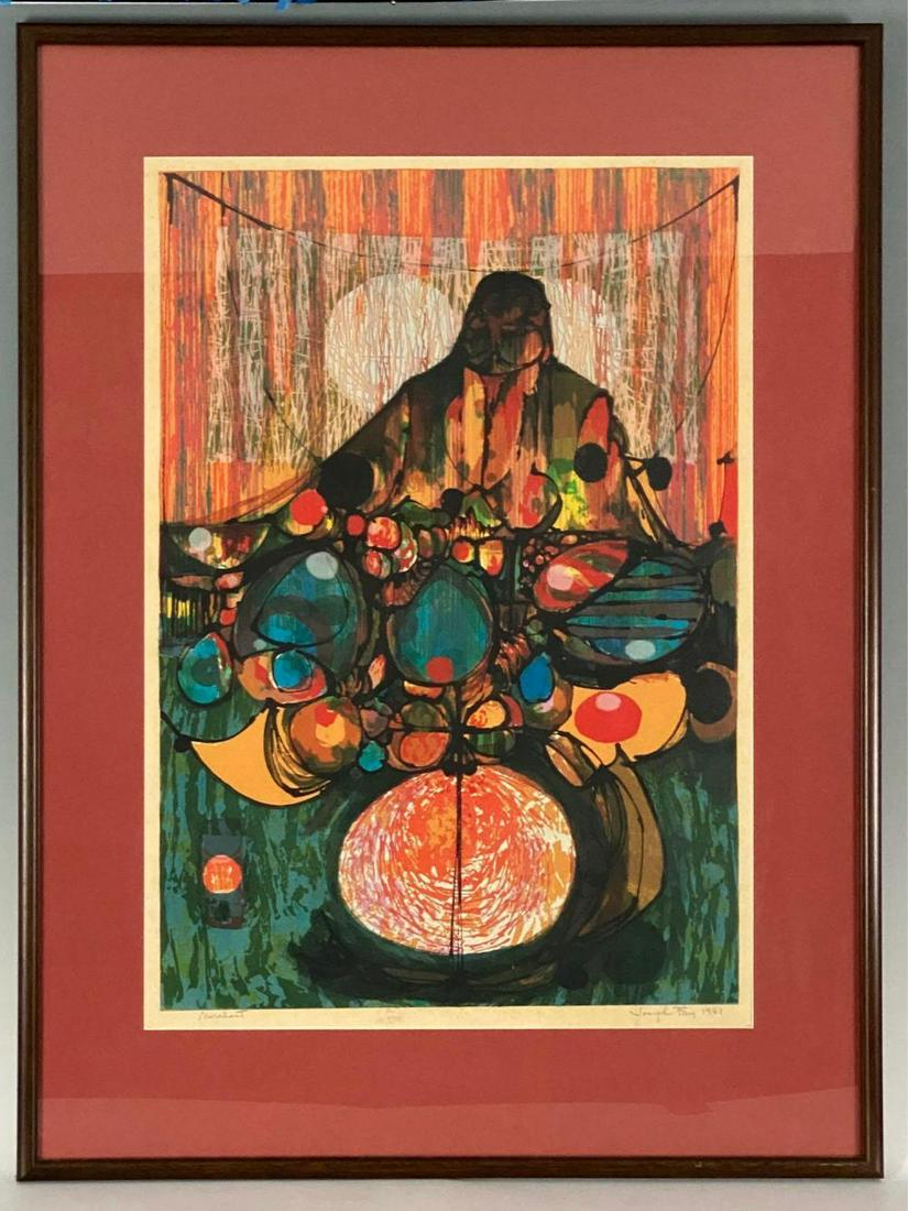 Merchant, Joseph Fay, Lithograph or Serigraph on Paper: Colorful Art Piece titled "Merchant" by Joseph Fay, 1961, California School. Approximately 41.25 x 13.25 x 1 in. Site 22 x 31 in.