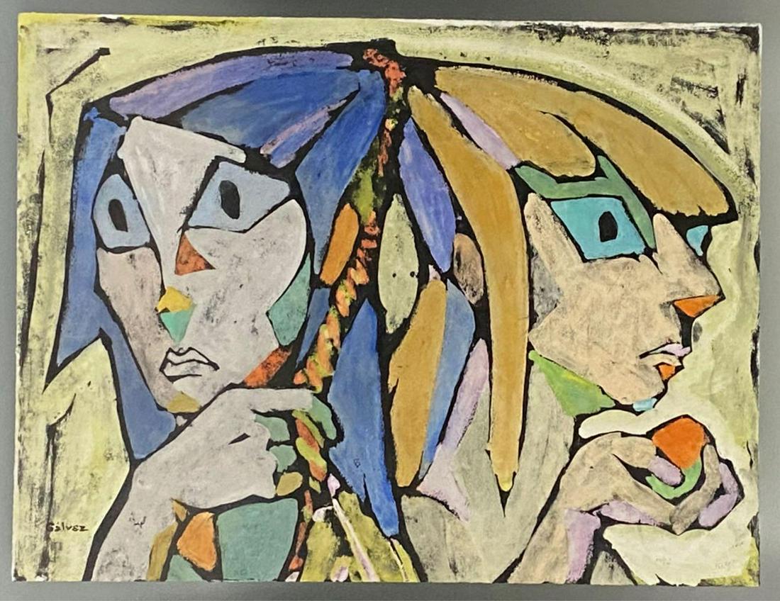 Two Women, Cristina Galvez: Original Abstract Cubist Painting of Two Wide-Eyed Women Signed by Artist Cristina Galvez. Artwork is Floating in Antiglare Glass. Frame Approximately 36 x 30 x 1.5 in. Site 24.5 x 18.5 in.