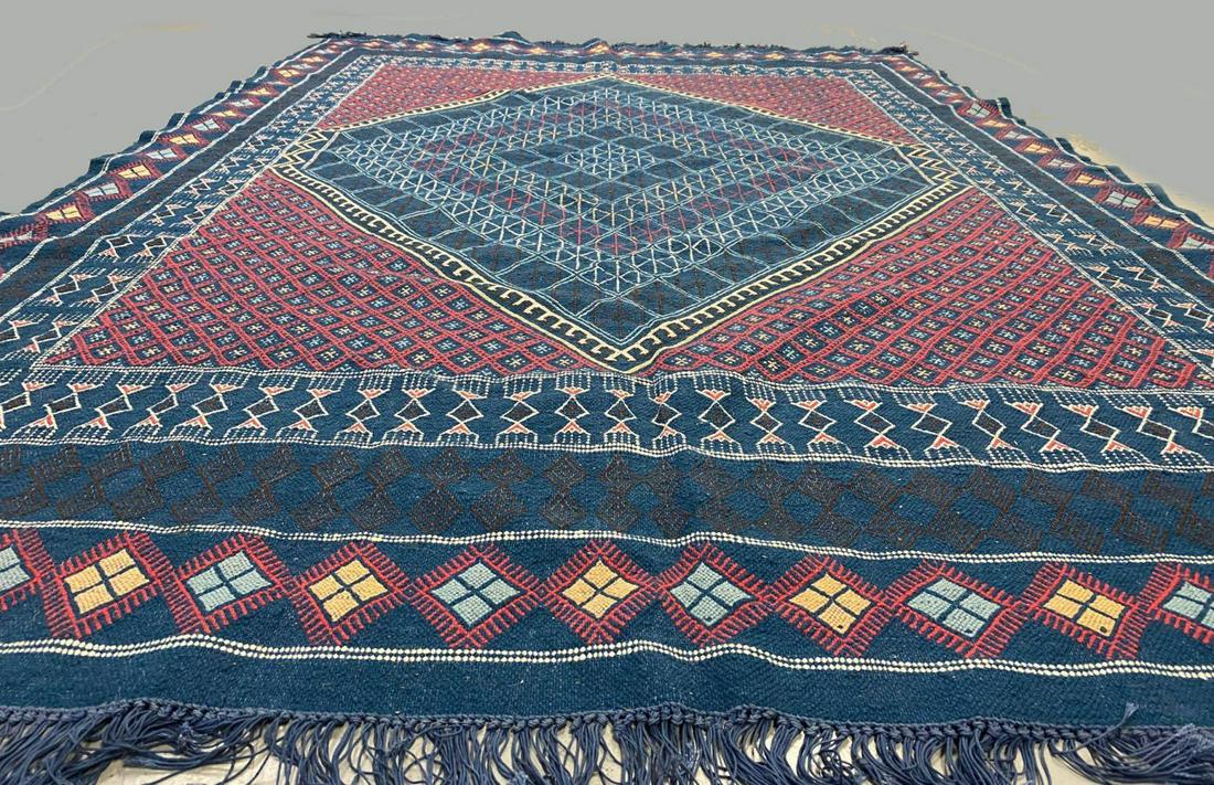 Tunisian Hand Made Rug in Colors of Blues, Reds, White, (1 of 11)