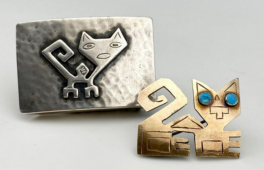 18k Gold Peruvian Cat Brooch and Sterling Cat Belt (1 of 4)