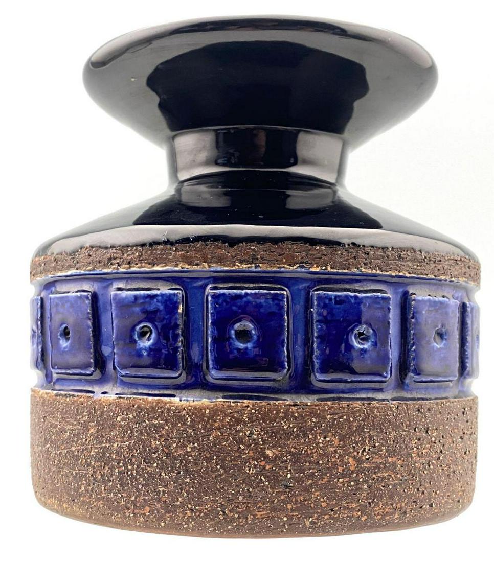 Fine Scandinavian Art Pottery Vase in Cobalt and: Fine Scandinavian Art Pottery Vase in Cobalt and Textured Brown, Signed, Probably Swedish or Danish. Approximately 5.75 in. X 5.75 in.