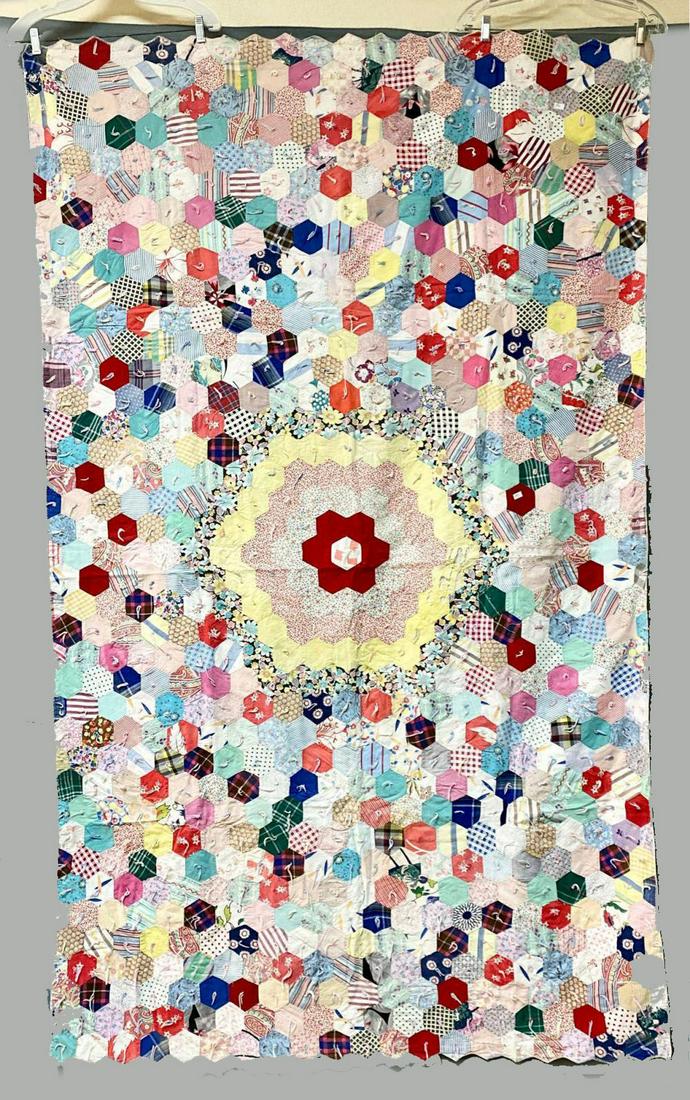 Older Hand Stitched Hexagon Patchwork Quilt (1 of 20)