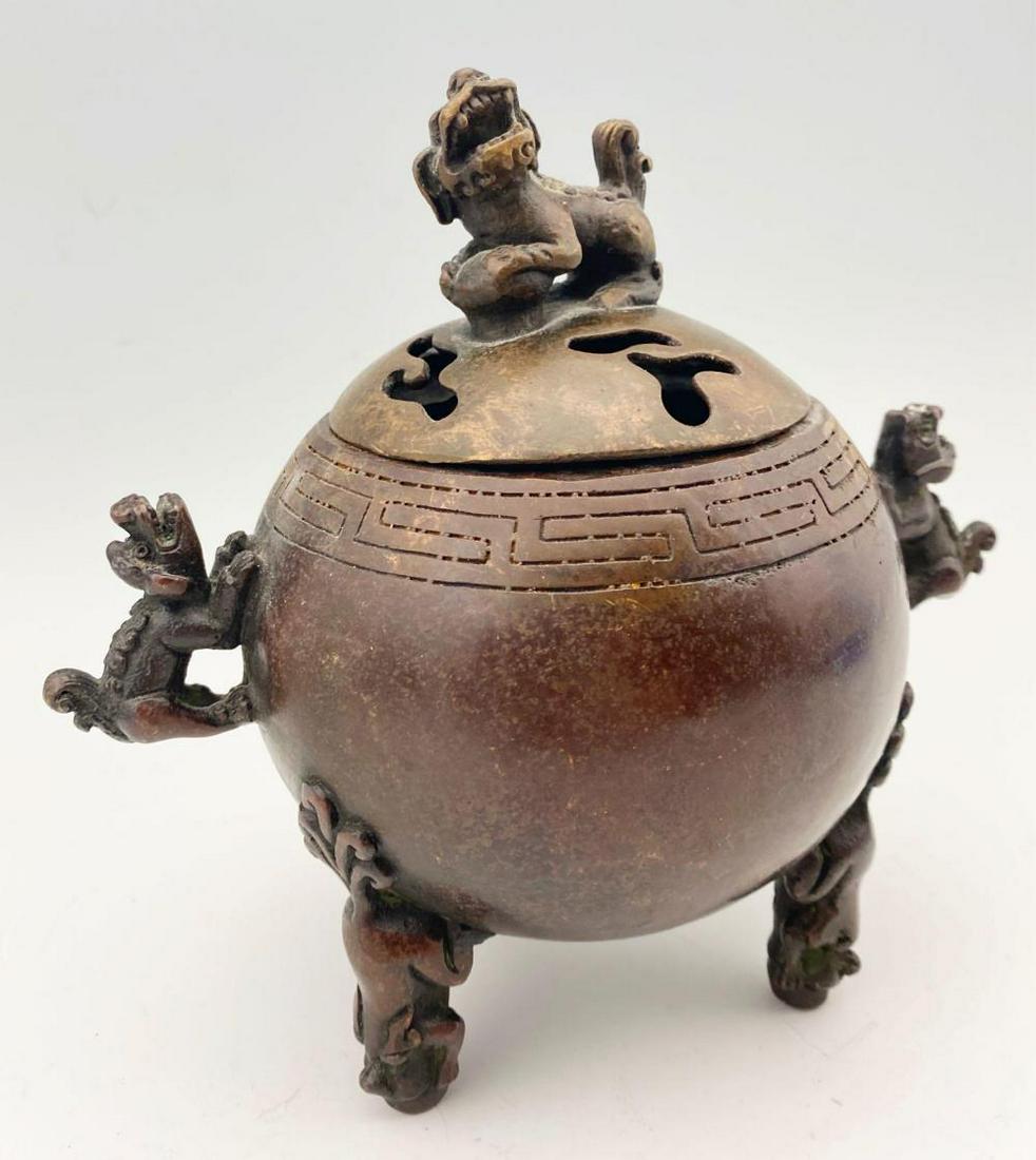 Chinese Bronze Lidded Censer, Figural Foo Lion Handles (1 of 9)