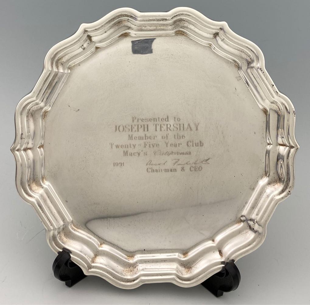 Sterling Silver Reed and Barton Chippendale Tray.: Sterling Silver Reed and Barton Chippendale Tray. 191.2g. Marked Reed and Barton Sterling x 363. Engraved. Approximately 8 in. All Credit Cards Will Be Manually Verified Prior to Shipment.