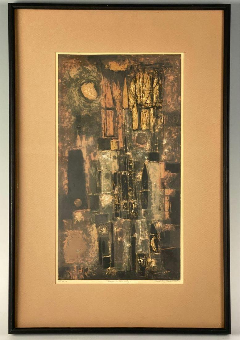 Dorothy Bowman, Moon in the City, Modernist Abstract: "œMoon in the City" by Dorothy Borrow Dated 1957, Edition 210, Colors of Light Brown, Clay Red, Black, and Mustard Yellow. Signed, Titled, and Numbered. Measures Approximately 19" x 2" x 28" Site 11"