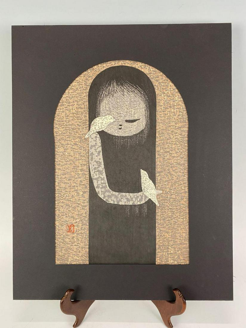 Kawano Kaoru, Girl With Bird, Ukiyo-E Woodblock Print (1 of 9)