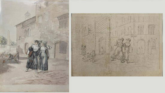 Attributed to Ludwig Emil Grimm, German School: Lugwig Emil Grimm Pencil and Water Colors of Two Women Fleeing Through an Italian Town. 19th century. Provenance: Christieâ€™s 1985 Catalog Page 293, Private San Francisco Collector 9.5 in. X 7.2