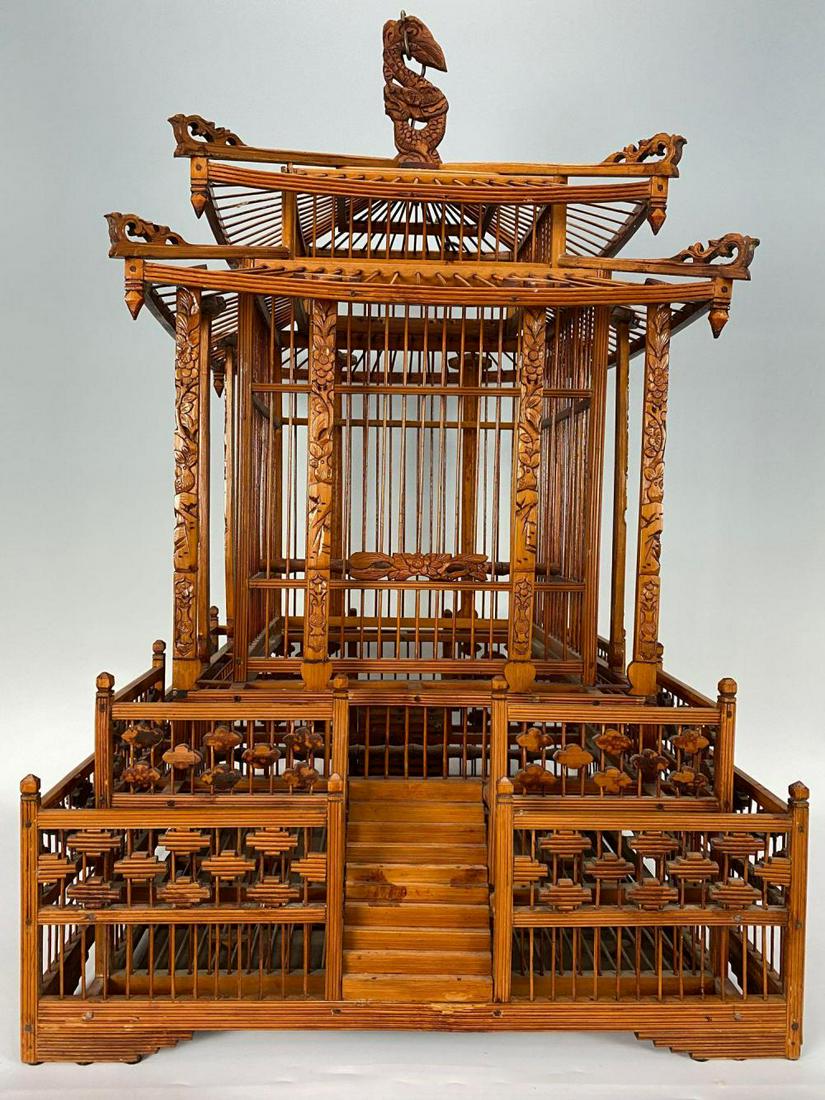 Chinese Hand Carved Bamboo Pagoda Form Birdcage (1 of 20)