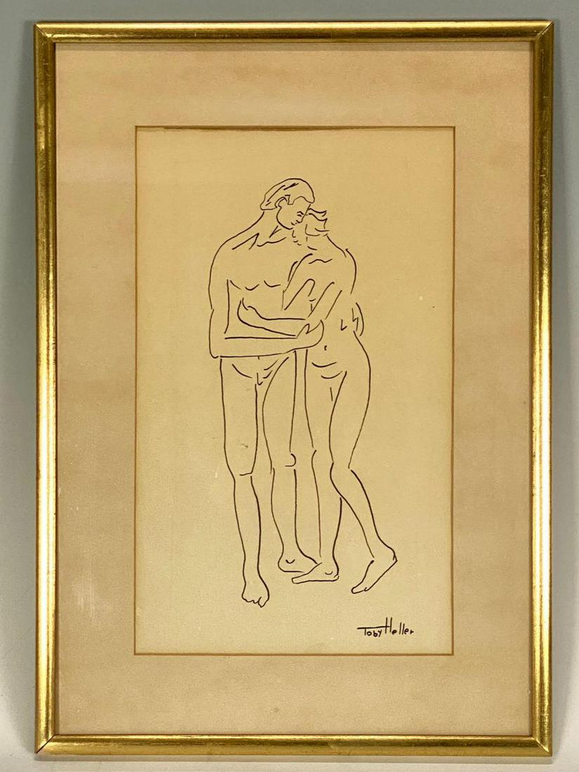 Toby Heller, Embracing Couple, Ink on Paper: Embracing Couple Artwork in Black Ink by Toby Heller. Approximately 8.75 x 13.25 x .5 in. Site approximately 13.5 x 8.125 in.