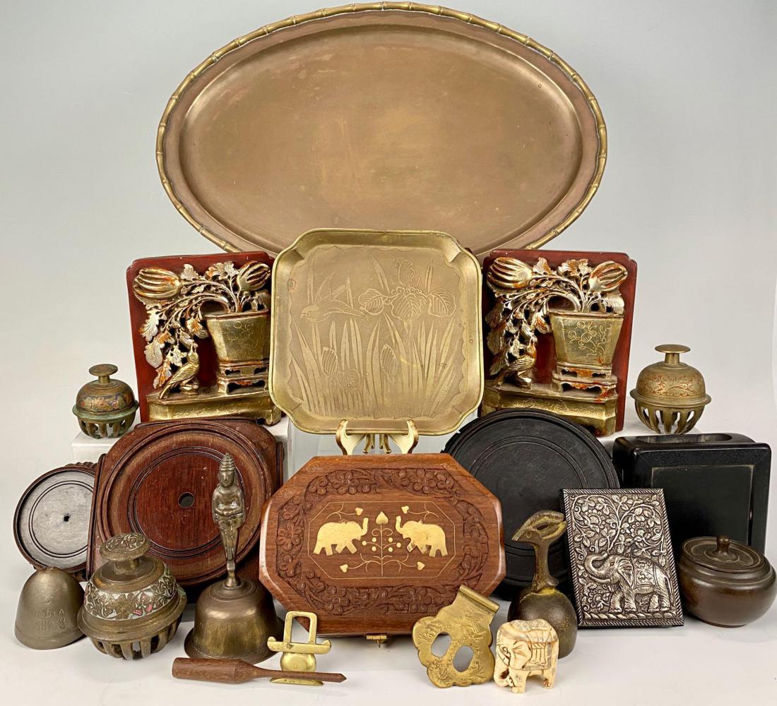 Large Lot of Asian Items: Large Collection of Tibetan, Sotheast Asian, Chinese, Thai, Indian and Japanese Items Including Brass Bamboo Serving Tray, Bells, Book Ends, Risers, and More. Bamboo Tray 18 in x 12.25, Book Ends 6.5 