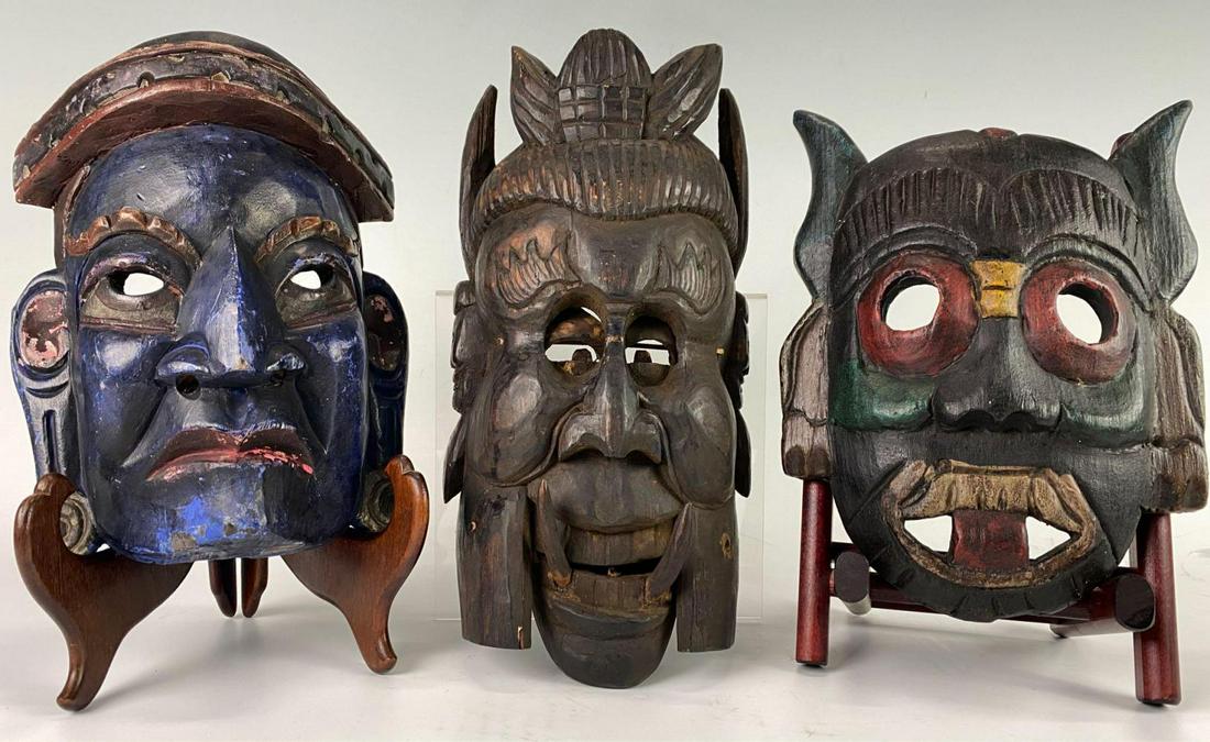 Lot of Three Nepal Carved Wood Polychrome Masks, 20th C (1 of 20)
