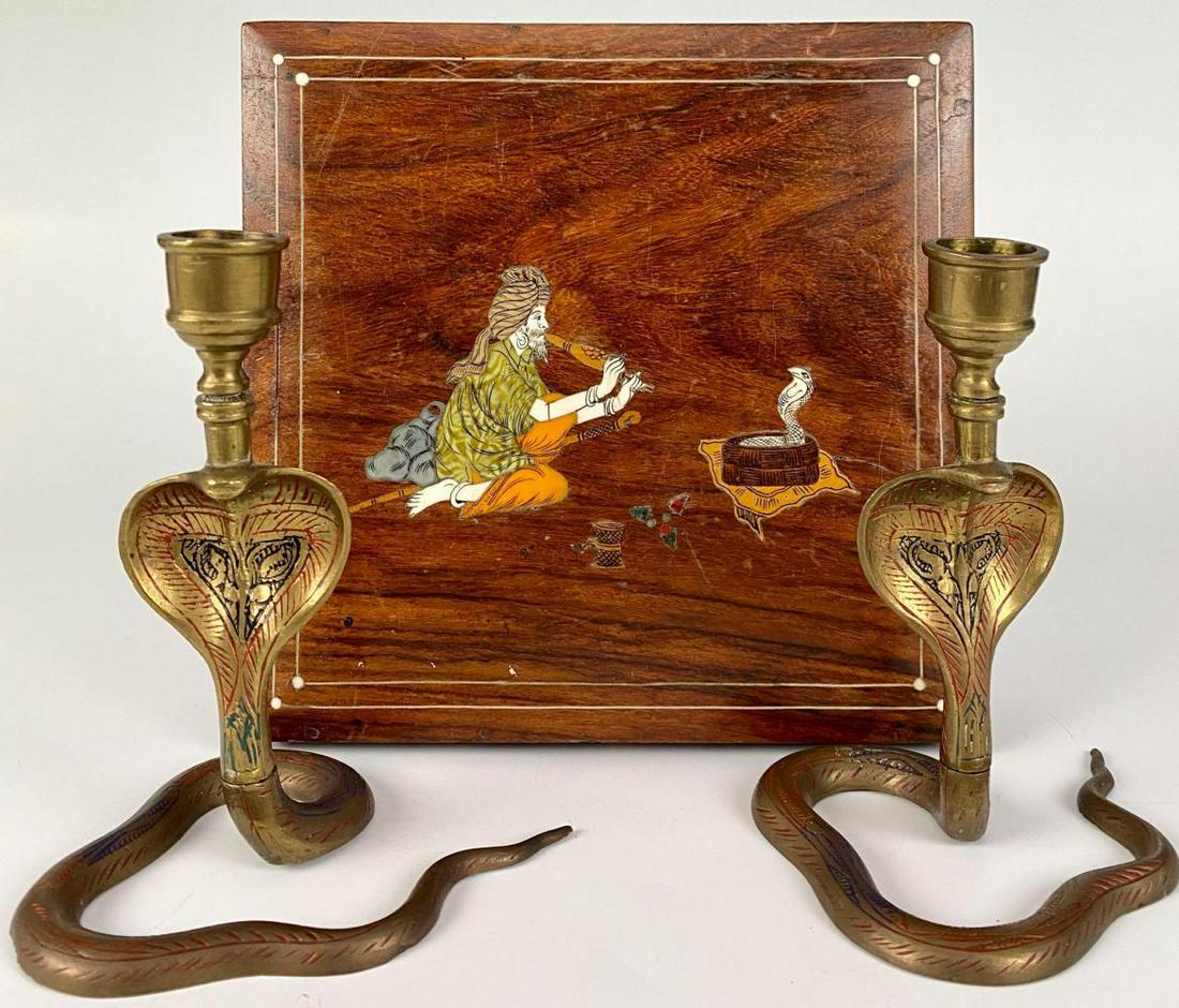 Pair of Indian Brass Cloisonne Cobra Candlesticks with (1 of 13)
