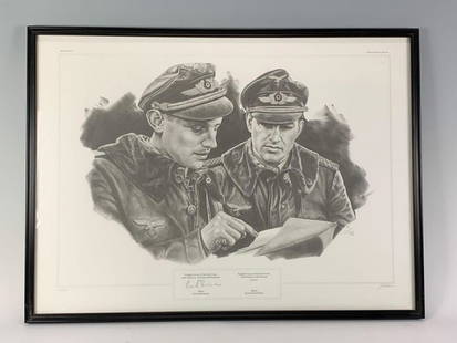 Portrait of Two WWII German Fighter Aces, Lithograph on: Original Art by Janie Keck, signed by artist Janie Keck, signed by recipient Major Erich Hartmann, limited edition number 472/500, published by Kings Crown Gallery 1989, includes a certificate of auth