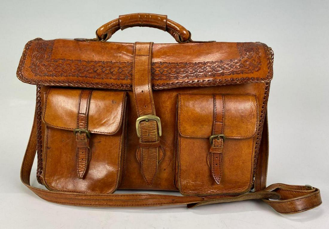 Vintage Tooled Leather Messenger Bag Briefcase (1 of 16)