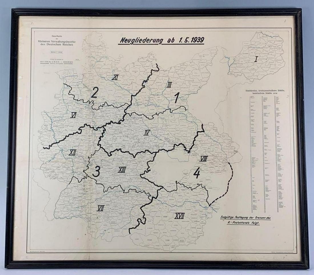 1939 Districts of the German Empire Map Lithograph: 1939 Reorganization of Administrative Districts of the German Empire Poster, Berlin, Berliner Lithographisches Institut, World War Two WW2 era Third Reich original map. frame 31 x 35.25 x 0.875 inche